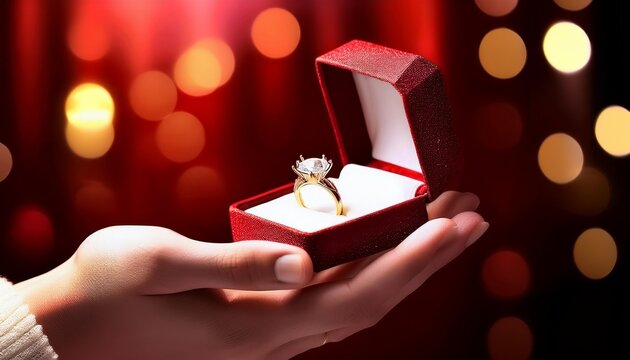 A close up view of a proposal ring in the ring box; wedding ring held in the palm of the hand; diamond ring for proposal or wedding; blurred background; valentine's day; diamonds are forever; propose