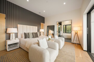 Fototapeta premium Contemporary Luxury Bedroom with Warm Lighting and Outdoor Access