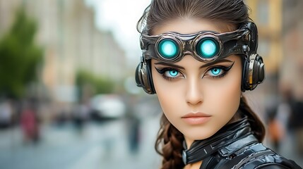 Futuristic Cyberpunk Woman in City Street