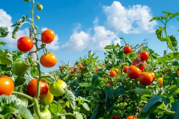 Vibrant red tomatoes ripen on vine branches, showcasing a healthy and fruitful harvest in a sunny field, Vibrant vegetables and fruits ripening on the vine under a clear blue sky