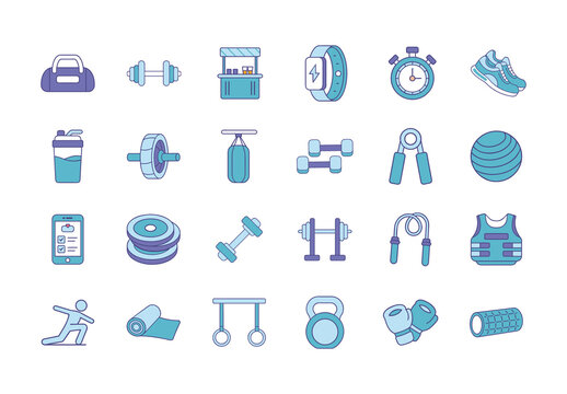 Blue Purple Fitness Gym Sports Icons Set