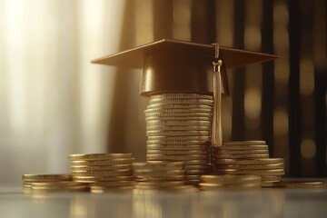 Graduation cap on stacked gold coins, symbolizing education investment and financial growth 3D Rendering