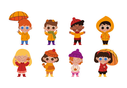Colorful Autumn Kids Character Illustration Set
