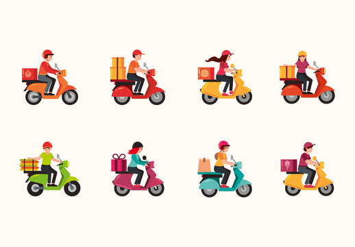 Colorful Motorcycle Delivery Service Illustration Set