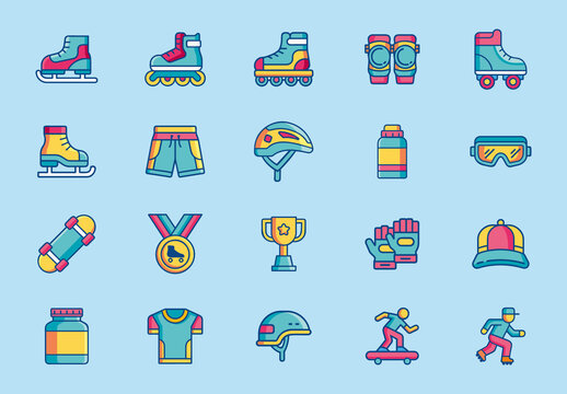 Colorful Skating Equipment Sports Icons Set