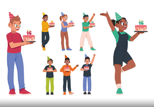 Colorful Teens Celebration Birthday Cake Icons Set