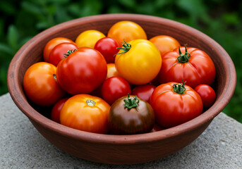 Different tomatoes in earthenware bowl