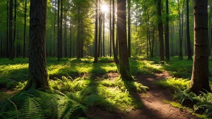 Fototapeta premium Forest with sunlight shining through trees. Sunlight creates beautiful shadows on ground. Forest is lush and green