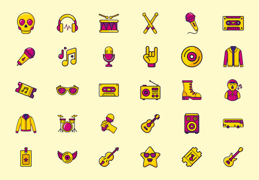 Yellow and Purple Rock and Roll Icons Set