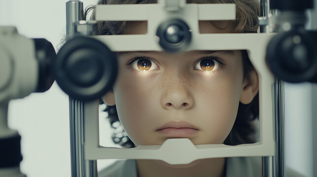 Foto de retrato de un ni&ntilde;o con examen de la vista con optometrista