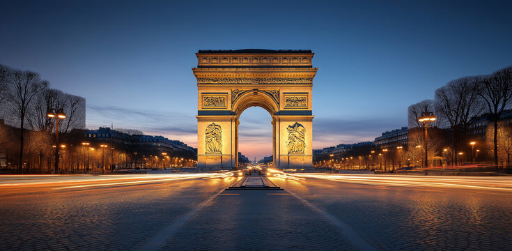a long-exposure photograph of the arc de triomphe in paris at sunset,