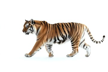 Obraz premium Majestic Bengal tiger walking in side view, isolated on white background. Large wild cat with distinctive orange fur and black stripes shows graceful movement.