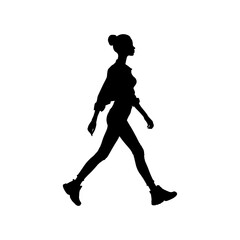 Vector illustration. Black silhouette on white background. Woman walking sideways.