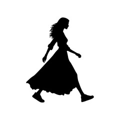 Vector illustration. Black silhouette on white background. Woman walking sideways.