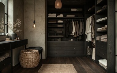 Dark and moody walk in closet interior with dark wood flooring, neutral tones, and a variety of clothing and accessories neatly organized on shelves and hanging rods