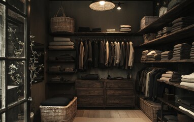 Dark moody interior of a walk in closet, filled with neutral colored clothing neatly organized on shelves and hanging racks. Low light enhances the rustic wooden textures