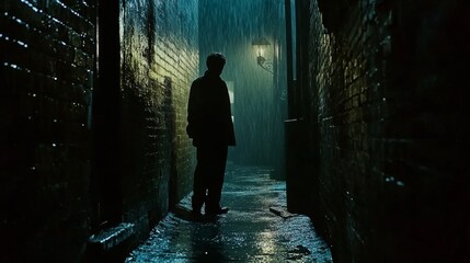 A dark, blurry silhouette of a person standing at the far end of a narrow alleyway, partially hidden in the shadows