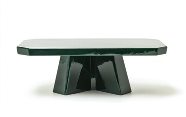 Dark green rectangular coffee table with a unique geometric base, photographed against a white background. The table has a glossy finish