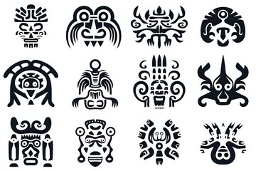 Ancient tribal masks and totems collection in black silhouette style. Traditional ethnic symbols and mystical creatures for decorative art and pattern design.