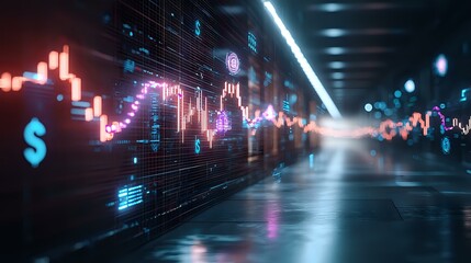 Financial market data visualization with glowing pink and blue charts on dark reflective surface showing stock price movements and dollar symbol in futuristic trading environment.