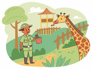 Vector illustration of a Zookeeper Feeding Giraffe in Wildlife Park