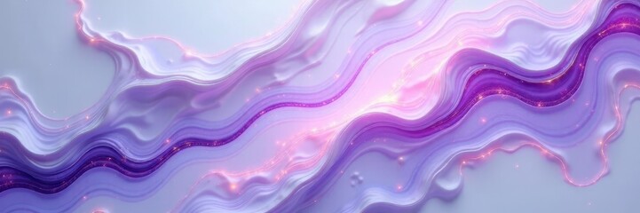 Iridescent swirls of purple violet glow on smooth white marble, shine, optical