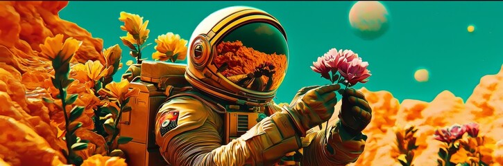 Imaginative depiction of a space traveler surrounded by nature.