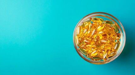 Aerial shot of omega-3 capsules in a transparent glass bowl, reflecting warm golden hues, isolated on a matte blue background, clean minimalist style