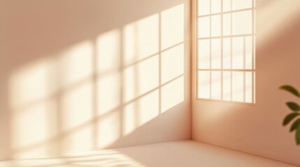 Minimalistic abstract simple gentle light beige background for product presentation with light and beautiful shadow from window on wall.