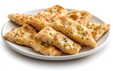 Golden brown flatbread pieces arranged on a white plate, seasoned with herbs.  Close-up studio shot on a white background