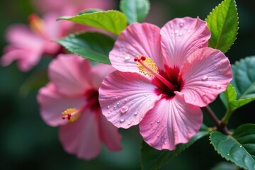 Obraz premium Soft pink hibiscus flowers with dew drops on petals, soft focus, delicate details, pink flowers