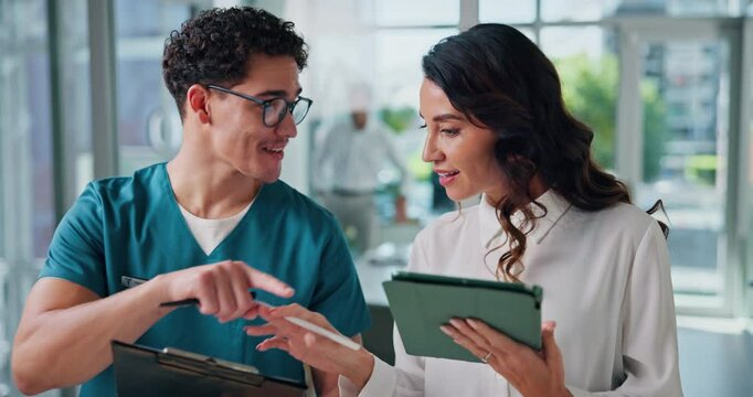 Tablet, hospital and nurse with woman for discussion for administration, advice and meeting. Healthcare, team and medicine sales rep with man on tech for research, online diagnosis or medical service