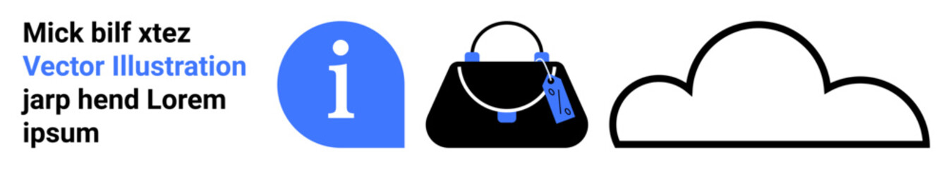 Blue information icon, a handbag with tags, and a black cloud outline. Ideal for fashion, retail, weather, branding, communication travel and digital interface. Perfect for flat landing page banner