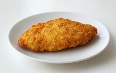 Crispy golden-brown breaded cutlet on a white plate. Close-up studio shot on a bright white background. Food photography