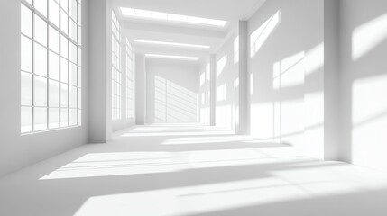 Fototapeta premium Minimalistic empty bright interior with large windows casting shadows on clean white walls and floors 3D Rendering