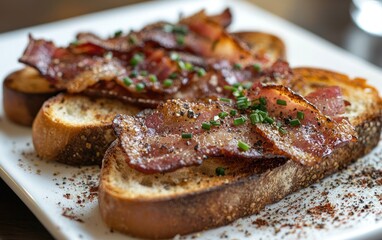 Crispy bacon slices on toasted bread, garnished with fresh chives and spices. Close-up view on a white rectangular plate