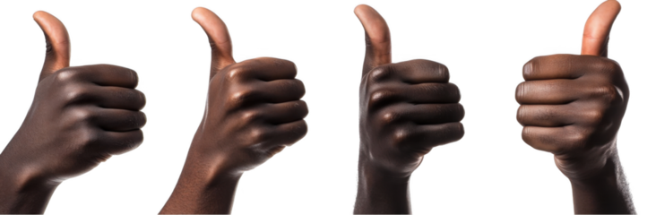 three thumbs-up made by hands with dark skin, against a white background
