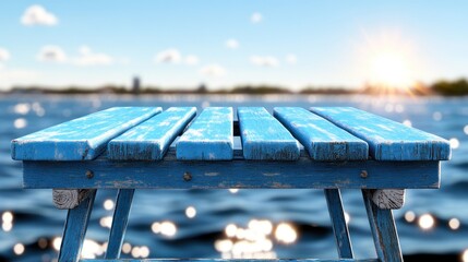 Blue wood picnic table at sunny waterfront; relaxing vacation background for product mockups or presentations