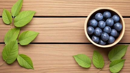 Blueberries in a wooden bowl on rustic wood table. Green leaves for natural food packaging mockup
