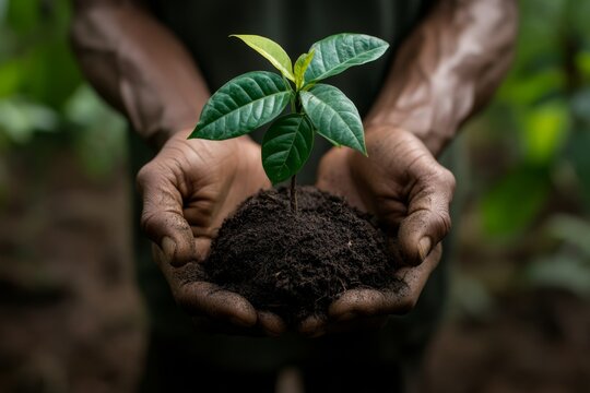 A close-up of hands holding a sapling ready to be planted, symbolizing reforestation efforts