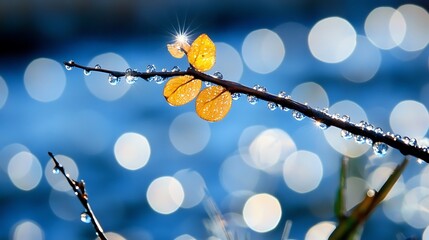Dew kissed autumn leaves illuminated by sunlight against a blue backdrop