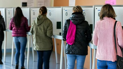 Citizens participate in voting process at a polling station during election day in a quiet urban setting