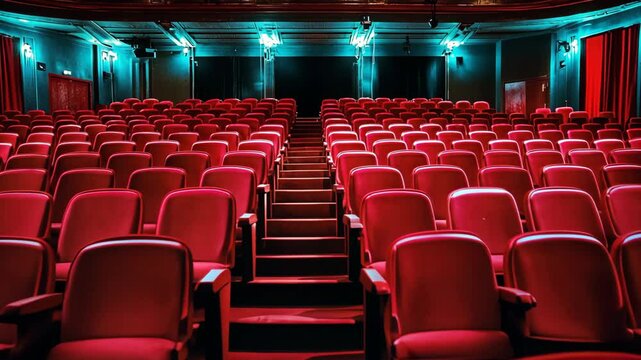 Rows of empty red seats in an old theater during a quiet afternoon