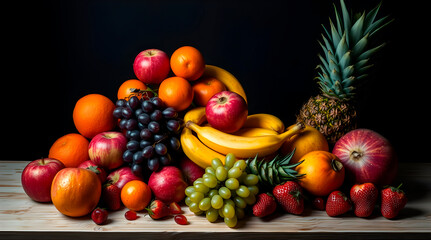 Vibrant assortment of fruits arranged on a wooden surface against a dark background