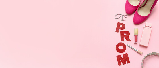 Word PROM with female shoes, tiara and perfume bottle on pink background