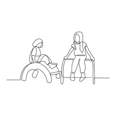 One continuous line drawing of children playing  in the playground park vector illustration. Games themes design concept in simple linear continuous line. Game themes design is suitable for your asset