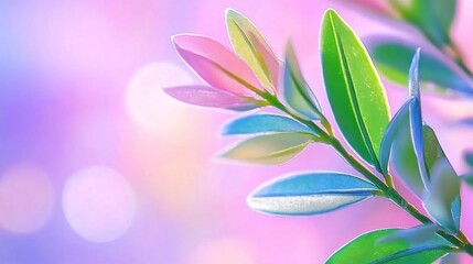 Fototapeta premium Branch with leaves in dreamy pastel background. Close-up shot for peaceful feeling