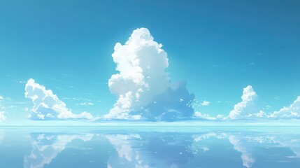 Serene anime landscape with puffy clouds reflected in calm water surface