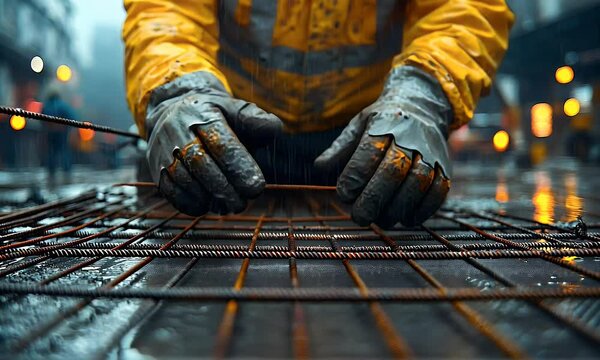 Construction Worker Assembling Reinforcing Steel Mesh in Rain Close Up Footage Showing Detailed Hand Movements and Wet Conditions on a Construction Site