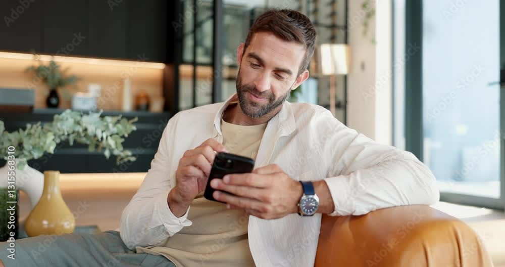 Poster home, relax and man on sofa, cellphone and typing with internet, message and network. happy person, 